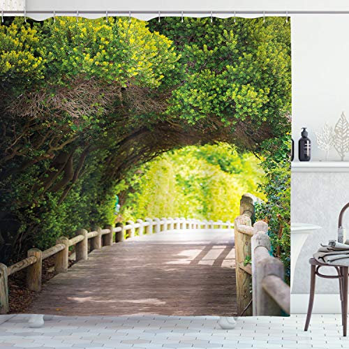 ABAKUHAUS Park Duschvorhang, Nature Boardwalk Torbogen, Stoffliches Gewebe Badezimmerdekorationsset mit Haken, 175 x 220 cm, Beige Grün Braun