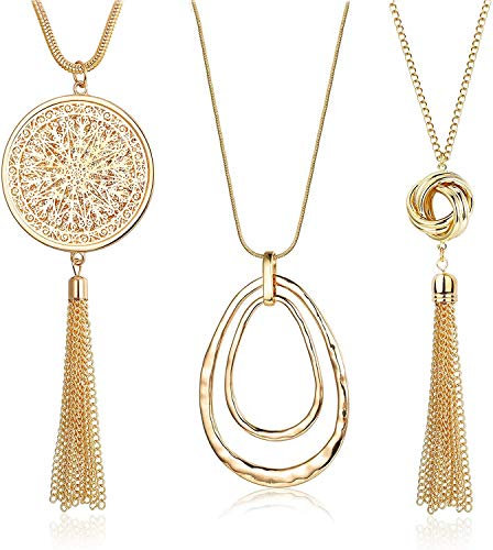 Finrezio 3 Stück Lange Kette für Frauen Damen Pullover Halskette Quaste Y-Kette Anhänger Modeschmuck Gold