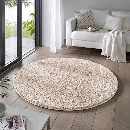 Taracarpet Shaggy Teppich Wohnzimmer Venezia Hochflor Langflor Teppiche modern Creme 200 cm rund