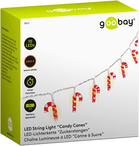 goobay 58117 10er LED Zuckerstangen Lichterkette, Zuckerstäbe, Candy Cane Weihnachtsbeleuchtung, warm-weiß leuchtend, Timerfunktion, rot, weiß, Klar