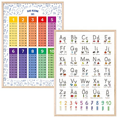 kizibi® 1x1 und Grundschrift Poster Set A2 mit Rahmen Holz Farbe Natur für Kinderzimmer, Lernposter für Mädchen und Jungen, für Kindergarten, Vorschule oder Grundschule