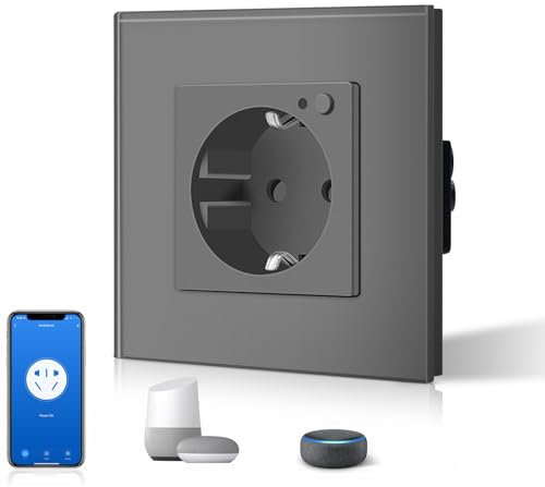 BSEED Enchufe Inteligente Con Cristal,WIFI Enchufes de pared,Control Remoto y de Voz y Función de Temporizador,Requiere Cable Neutro,1 Enchufe WiFi,86mm Gris