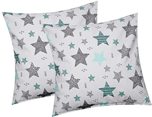 Heubergshop Baumwoll Renforcé Kissenbezug - 2er Set in 40x40cm - Sterne mit Kreisen und Punkten in Weiß - Kopfkissen-Bezug, Kissenhülle, Dekokissenbezug 100% Baumwolle, Kinder (560/1-40x40)