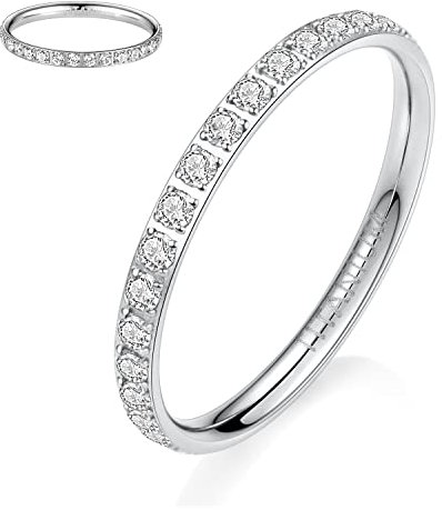 hengkaixuan Titanium Wedding Ring Eternity Ring Engagement Band Silver 2mm Women Full Cubic Zirconia Anniversary Wedding Band Stackable Ring Memoir Ring for Women Men Girls Size 5