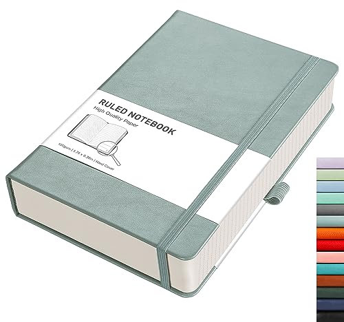 RETTACY Notizbuch A5 liniert - Dickes Tagebuch mit 320 nummerierten Seiten, 1 Rücktasche und hochwertigem Hardcover für Frauen und Männer im Büro oder in der Schule, 14,5 x 21 cm - Graublau