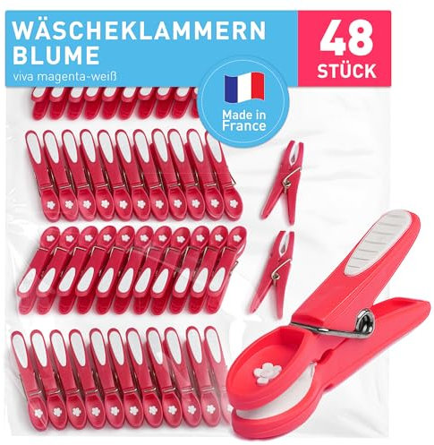 culiclean Pince a Linge Fleur – Pinces à Linge – Epingle a Linge – Fabriqué en France – 80mm x 15mm – Viva Magenta-Blanc – Lot de 48 Pièces