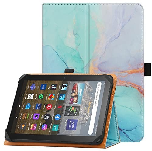 HGWALP Universal Case for 7-8 Inch Touchscreen Tablet, Stand Folio Protective Cover With Adjustable Fixing Silicon Band - Marble Blue