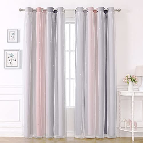 KAHEAUM Blackout Curtains for Living Room Bedroom Curtains Eyelet Nursery Kids Girls, Voile Net Curtains for Windows,2 Panel 52 x 84 inch Drop Black Out Curtains Soundproof Thermal Pink Grey Curtains