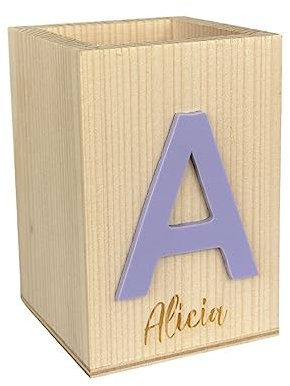 minimutz Stiftehalter Holz für Kinder | Personalisierte Stiftebox Schreibtisch Kinder-zimmer groß | Gravierter Stiftebecher eckig mit Namen Buchstabe | Geschenk Einschulung Schulanfang Mädchen Jungen