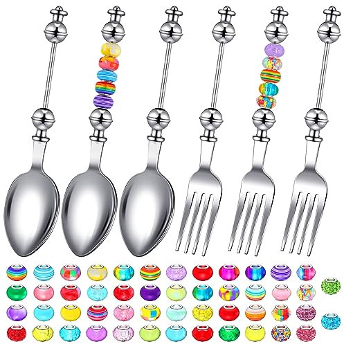 Lasnten Beadable Spoon Fork Set with 50 Assorted Large Hole Beads Stainless Steel Spoons and Forks Set 3 Cute Spoons 3 Dinner Forks Bead Spoon Desert Spoon for Party Favors DIY Project Bead Project