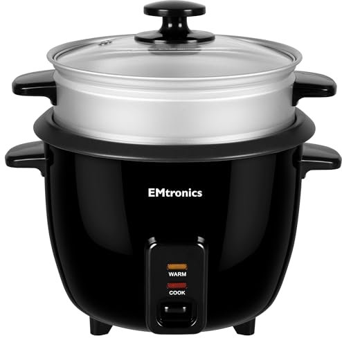 EMtronics EMRCDSTBL1-5 Rice Cooker 1.5 Litre with Automatic Cooking, Steamer Tray and Warmer Function with Removable Non-Stick Bowl, Measuring Cup and Spatula 500W - Black