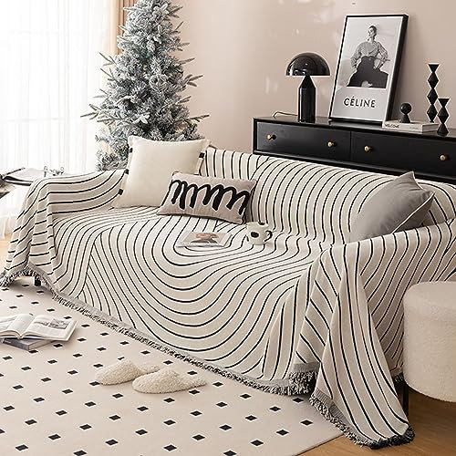 Homxi Sofa Überzug 4 Sitzer Big Sofa,180x340CM,Sofabezug Universal Streifenmuster mit Quasten Sofa Überwürfe Chenille Sofa-Handtuch Schwarz Sofabezug
