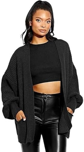RAYMSTER Ladies Balloon Sleeve Short Cardigan Women's Open Front Two Pocket Puff Sleeves Oversized Chunky Knitted Cardigans Loose Fit - (Multiple Colors & Sizes) Black