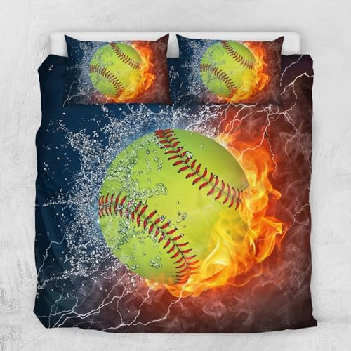 Poceacles Fire and Water Softball Print Duvet Cover Set King Size, 3pcs Ultra Soft Breathable Comforter Cover Set, 1 Duvet Cover with 2 Pillow Shams Bedding Collection L (264 x 224 CM)