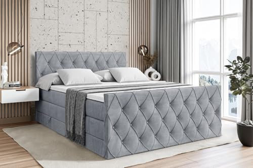 ALTDECOR Boxspringbett mit Matratze und Lattenrost, Topper, Fußteil, Polsterbett mit Bettkasten, Bett mit Stauraum H3- und H4- Matratze, Doppelbett, Springboxbett - Amay King - 140x200 - Grau Samt