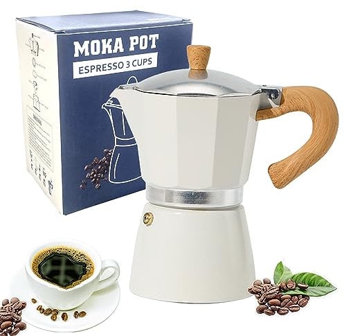 RICHSUM Macchinetta Per Caffè in Alluminio per Piano Cottura - 3 Tazze di Caffè Espresso - Moka Pot da 5 oz, Caffettiera Italiana per Fornelli a Gas ed Elettrici, Colore Bianco