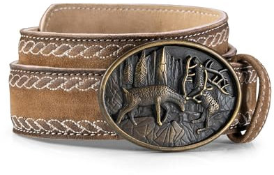 Schöneberger Trachten Couture Trachtengürtel, handgefertigter Lederhosen Gürtel mit Hirsch Schnalle und Stickereien, Ledergürtel Sebastian (Braun, 46-48)