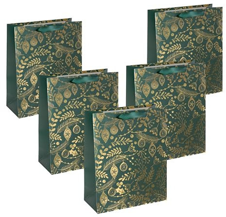 Sigel GT118/5 große Premium Geschenktüten aus Papier, 5er Set, gold/grün, mit Seidenbandgriffen, 26 x 33 x 12 cm, Golden ornaments on green, Papier-Geschenktaschen Weihnachten
