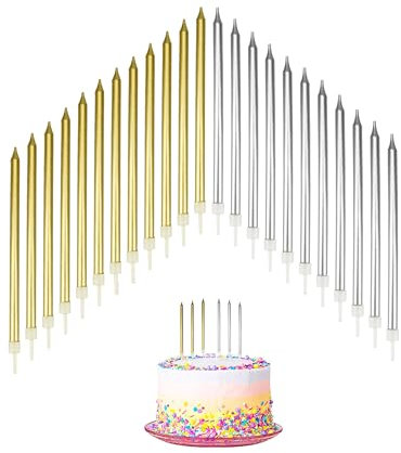 24 PCS Birthday Candles for Cakes, Cake Sparklers with Holders, 13.5CM Long Cake Candles, for Baby Birthday Wedding Party Decoration, Birthday Cake Candles (Gold & Silver)