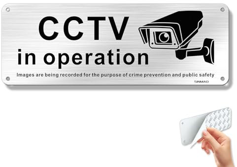 SINMAO CCTV In Operation Sign Silver Aluminum Brushed Self Adhesive 90x250mm CCTV Sign for Gate Outdoor Metal Waterproof Rustproof UV Protection