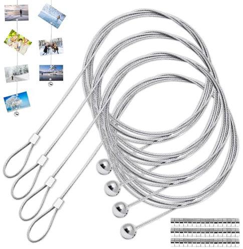 Casenly Filo per Appendere Foto, 4 Pezzi Filo per Foto con 48 Magneti Cavo per Appendere Foto in Acciaio 2 m x 1,5 mm Foto Corda Cordino Regolabile per Appendere Lampade Foto Cartolina