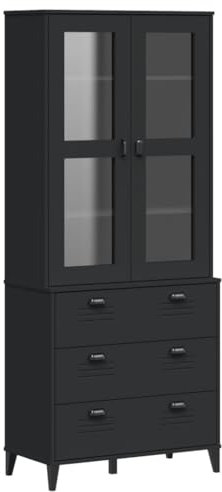 vidaXL Highboard, Sideboard mit Stauraum, Kommode Schrank mit Glas-Türen, Anrichte Vitrinenschrank Hochschrank, Schwarz Massivholz Kiefer
