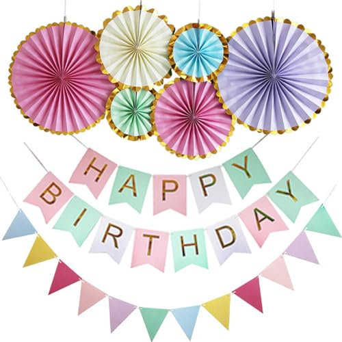 TELADESHX Reusable Pastel Birthday Banner & Decorations - Macaron Happy Birthday Banner, Bunting, Paper Fans & Lanterns - 18cm x 41cm, Multicolor, 18 Pieces