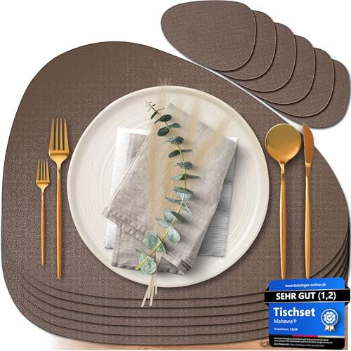 Mahewa® 6er Set Premium Tischset aus Kunstleder - Platzset abwaschbar und wasserdicht - Platzdeckchen Telleruntersetzer in Lederoptik (Kupfer/Holzkohle, Oval)