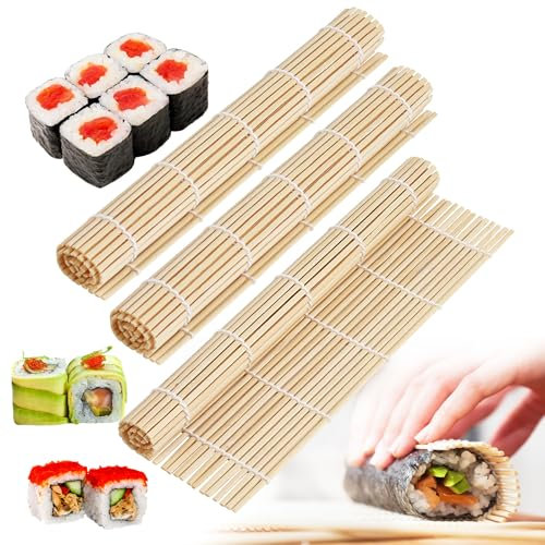 VMUTGA 3 Pièces Natte Sushi, 24 X 24Cm Sushi Roll Mat Bamboo, Rouleau a Sushi, Bambou Sushi DIY Kit, Tapis Sushi Réutilisable, pour Cuisine, Fête, Débutants, Professionnels