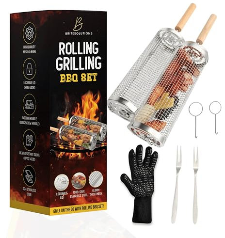Lockable Rolling Grill Basket for Veggies - Vegetable Grill Baskets for Outdoor Grill - Removeable wooden Handle, 302 Stainless Steel, Grilling Basket set - Best for Grilling gifts & BBQ Accessories