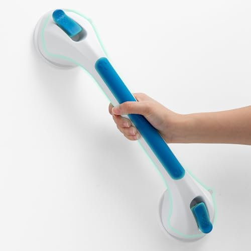 TAILI Haltegriffe für Senioren Leuchten im Dunkeln, MAX 110 KG Haltegriff Dusche ohne Bohren, 43 CM Duschgriff für Senioren ohne Bohren, Abnehmbare Duschgriff Saugnapf, Griffstangen, Blau