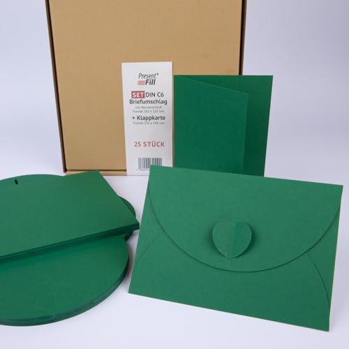 PresentFill® - blanko Falt-Karten inkl. Briefumschläge mit Herz Verschluß - 50er Set - Smaragd Grün - Klappkarten zum selbst gestalten, beschriften oder bedrucken - DIN A6 / C6