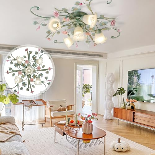 Deckenleuchte Landhaus,5 Köpfe Einstellbares Licht Vintage Blumen Design Deckenlampe,Kronleuchter Mit Glas Lampenschirm Und Rosa Rosen Keramik Für für Wohnzimmer Schlafzimmer Esszimmer (Grün )