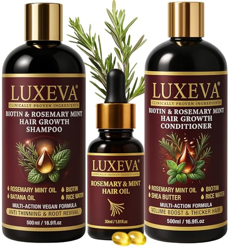 LUXEVA 3 in 1 Biotin & Rosemary Hair Growth Shampoo & Conditioner Set For Thicker, Fuller Hair | Sulphate Free Shampoo, Conditioner & Serum for Volume & Scalp Revival with Visible Results in Weeks