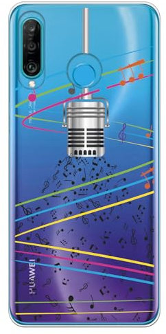 Personalaizer Schutzhülle für Huawei P30 Lite, Design Musiknoten mit Mikrofon, Silikonhülle, flexibel, transparent
