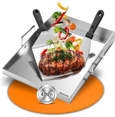 Plancha Grillplatte Edelstahl 40x30cm (4mm Dick) für Gasgrill & Kohlegrill – Inkl. Tragebügel+2 Grillspachtel – Geschlossene Ecken mit Fettablauf, Rostfrei & Langlebig – Ideal für Camping & Garten BBQ