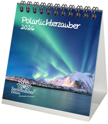 Polarlichterzauber Tischkalender 10cm x 10cm für 2026 Polar Nordlichter - Geschenkset Inhalt: 1x Kalender, 1x Weihnachtsanhänger (insgesamt 2 Teile)