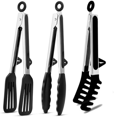 Küchenzange aus Edelstahl,3 Stück Küchenzange,27 cm Grillzange Edelstahl mit Ständer,Grillzange Silikon,Zange Küche,Silikon Zange BPA-freie Nudelzange,Kochzange Küchenzange für Salat, Kochen