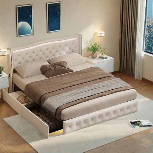 SHAODENG Bett 140x200 mit Bettkasten, LED Polsterbett mit USB-Ladefunktion, Doppelbett Stauraumbett mit 4 Schubladen, Funktionsbett Jugendbett Rückenlehne Bettgestell, PU, Weise, Ohne Matratze