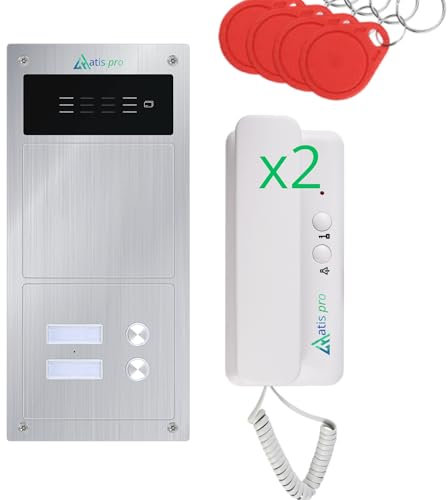 Kit de Portero Automático 2 Hilos Antivandálico con Lector RFID | Completo con Telefonillos, Fuente de Alimentación | Muy Fácil de Instalar.colocación para empotrar y en Superficie(2 Vivienda)