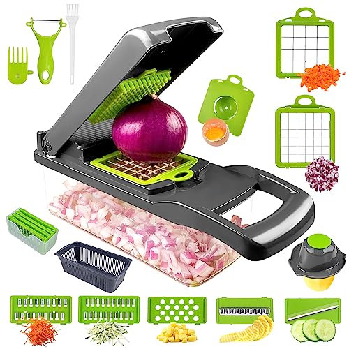 Tryslyn 16 en 1 Mandolina de Cocina, Cortador de Verdura Manual Multifunción con Cesta de Drenaje, Rallador Verduras con 5 Cuchillas para Patatas Pepinos Zanahorias Rebanar, Cortar y Rallar