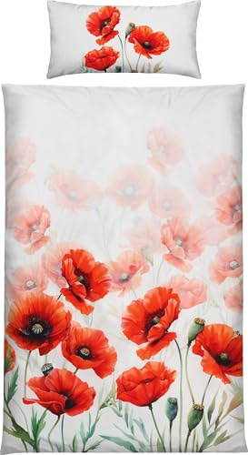 Erwin Müller Mako-Satin Bettwäsche Mohnblume weiß-rot Größe 40x80 cm / 155x220 cm - seidig weiche Qualität, temperaturausgleichend, mit Reißverschluss