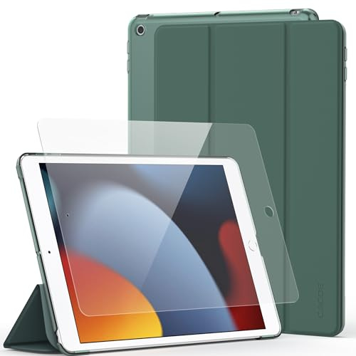 CACOE Cover compatibile con iPad 9e/8e/7a generazione (2021/2020/2019), sottile custodia con vetro temperato con funzione di supporto, verde mezzanotte
