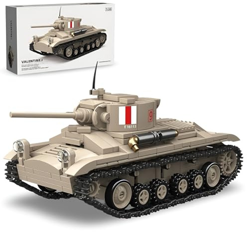 PlaySynthe Technik Panzer Bausteine Bausatz, Valentine.I Panzer Klemmbausteine, WW2 Militär Gepanzertes Fahrzeug Bausteine Modell, Geschenke für Erwachsene und Militärfans, 469 Teile