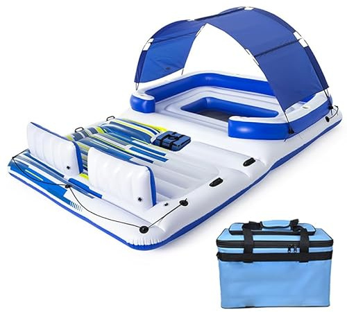 Isola galleggiante gonfiabile per 6-8 persone, galleggiante gigante per feste con parasole staccabile e borsa termica, perfetta per riunioni estive
