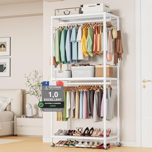 AQRA Offener Kleiderschrank, fahrbarer Schwerlast Kleiderständer Weiß | Auf Rollen, Tragkraft 200kg, 2 Kleiderstangen, 3 Ablagen, 2 Haken, Maße 90×40×200cm