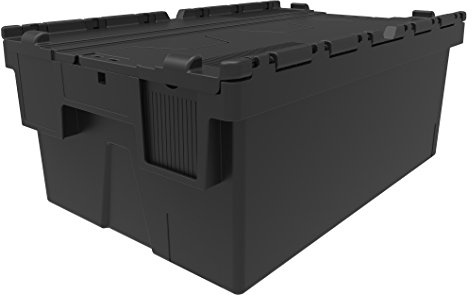Solent Heavy Duty 100% Recycled Plastic 44 Litre Attached Lidded Container Storage Box Totes (60 x 40 x 25cm) Black - Pack of 5