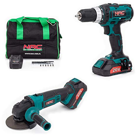 NAC NEW AMERICAN CONCEPT Set aus Akkuschrauber und Winkelschleifer 20V - Inkl. 2xAkku 2Ah & 4Ah, Schnellladegerät und Tragetasche - Ladezustandsanzeige der Batterie
