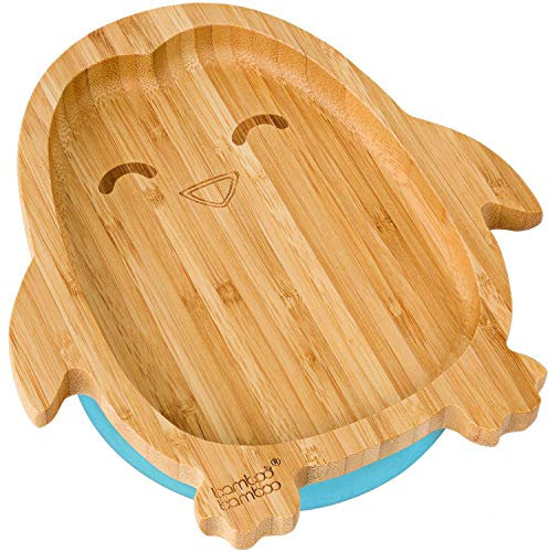 bamboo bamboo Assiette bébé et Assiette enfant, Assiette succion pour Repas et Sevrage, Assiette pingouin Bambou avec Succion sécurisée, pour Bébés dès 6 Mois (Pingouin, Bleu)