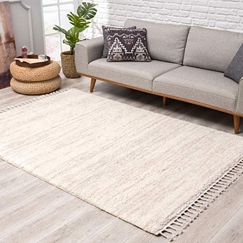 Teppich Hochflor Wohnzimmer - Ethno Stil Meliert 120x160 cm Creme - Teppiche mit Fransen